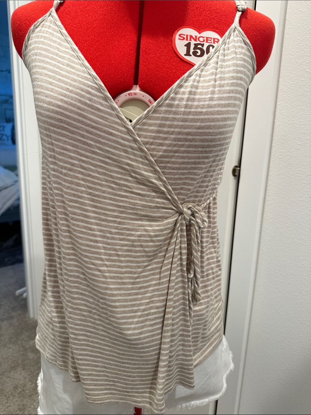 Women's Taupe & White Striped Wrap Cami with Side Tie